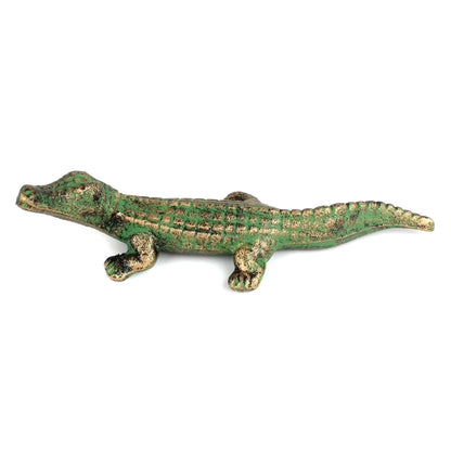 Cast Iron Alligator Figurine Statue Verdigris Green & Gold Pond Decor 7.5 inch