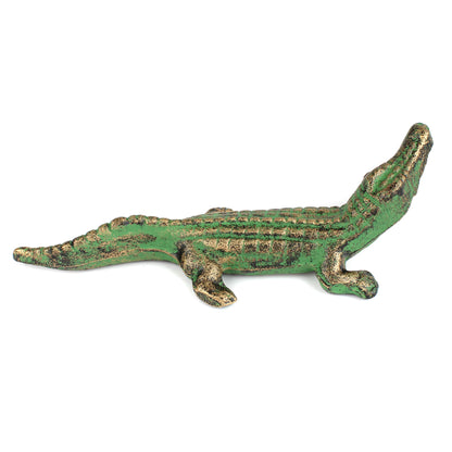 Cast Iron Alligator Figurine Statue Verdigris Green & Gold Pond Decor 7.5 inch