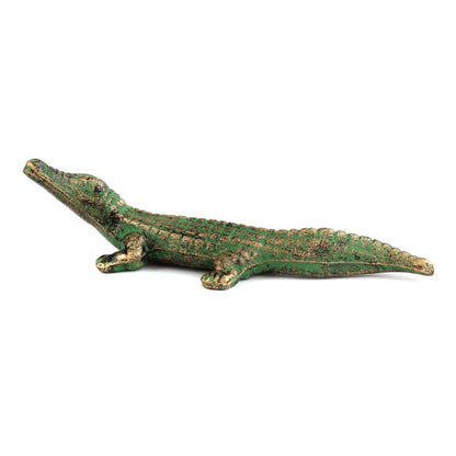 Cast Iron Alligator Figurine Statue Verdigris Green & Gold Pond Decor 7.5 inch