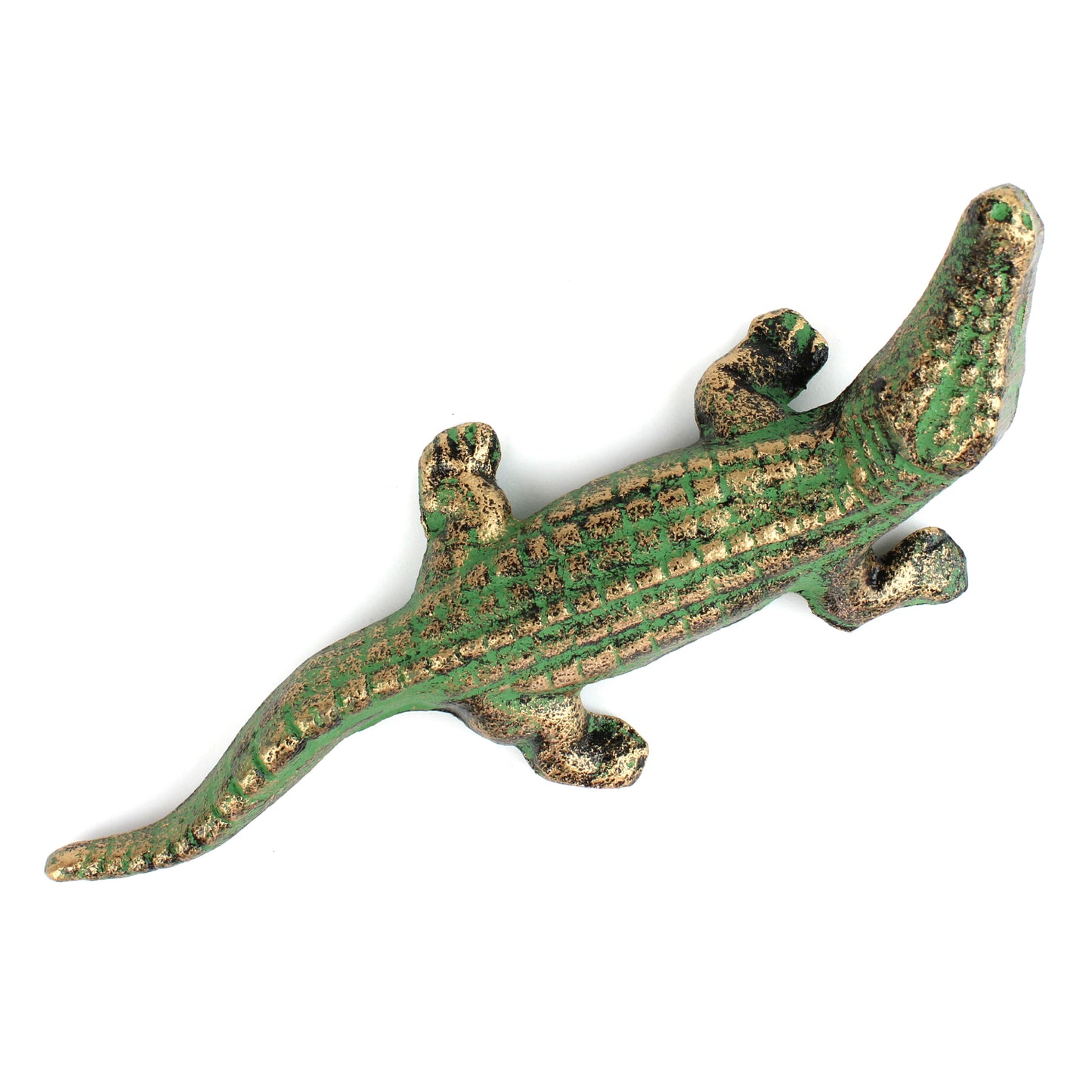 Cast Iron Alligator Figurine Statue Verdigris Green & Gold Pond Decor 7.5 inch