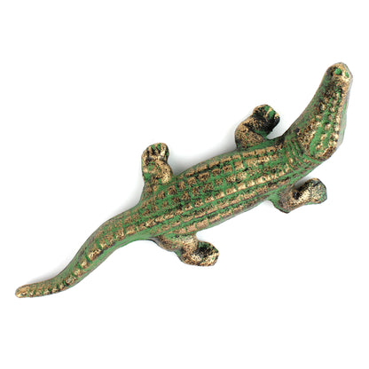 Cast Iron Alligator Figurine Statue Verdigris Green & Gold Pond Decor 7.5 inch