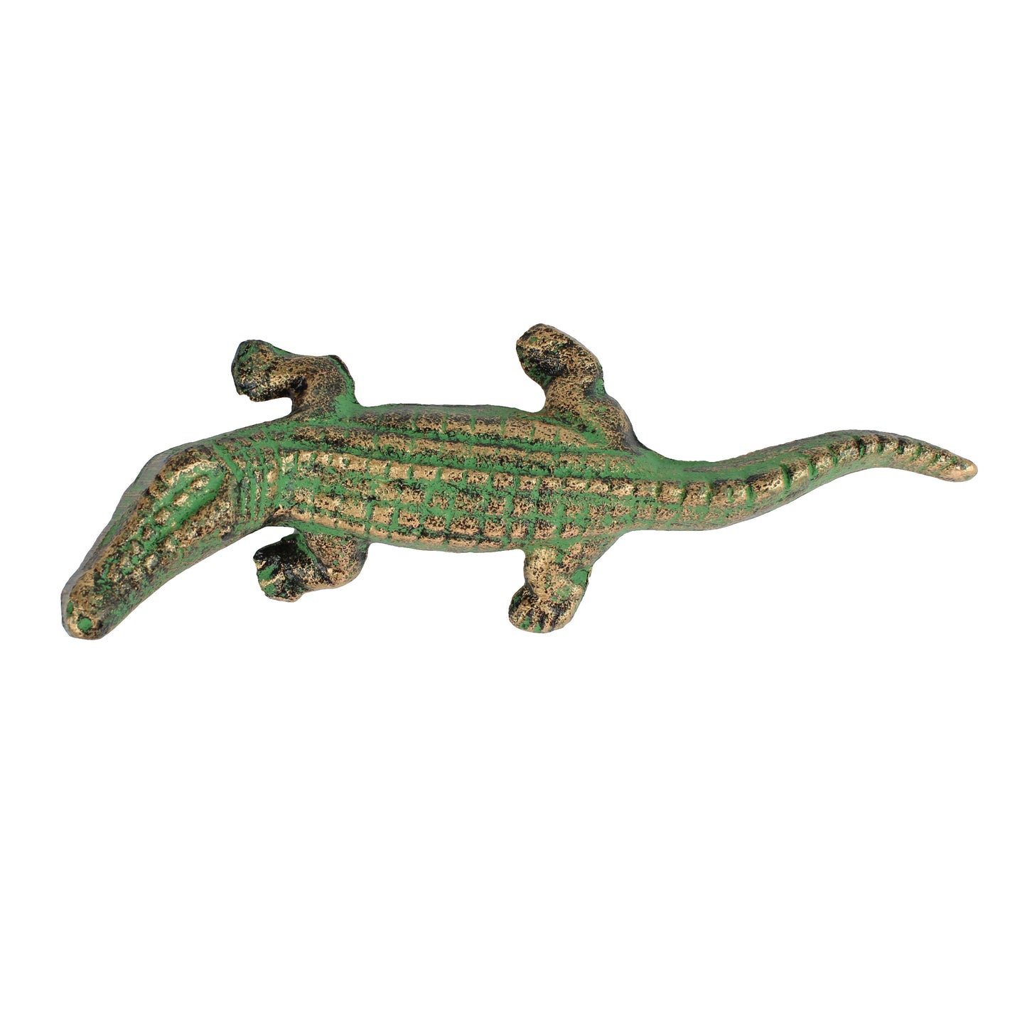 Cast Iron Alligator Figurine Statue Verdigris Green & Gold Pond Decor 7.5 inch