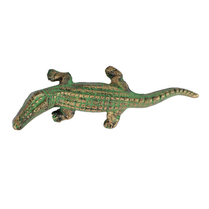 Cast Iron Alligator Figurine Statue Verdigris Green & Gold Pond Decor 7.5 inch