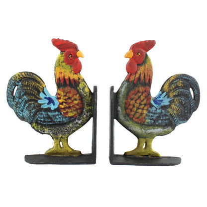Colorful Hand Painted Cast Iron Rooster Bookends Set Heavy Duty Farm Decor