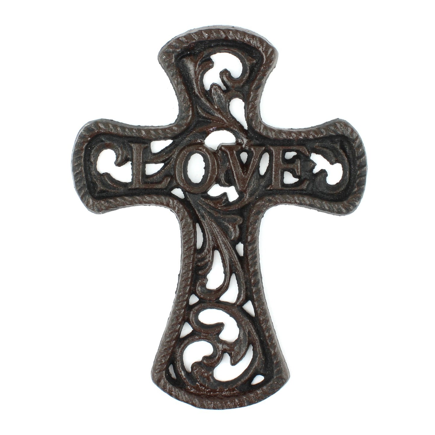 Small Cast Iron Floral Love Cross Wall Decor Vines Accent Antique Brown 6 inch