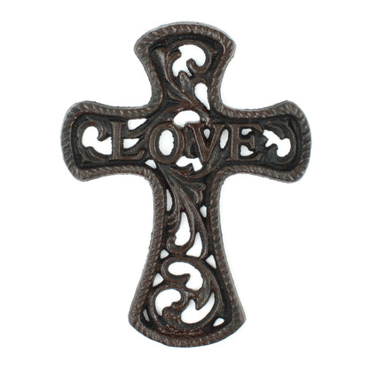 Small Cast Iron Floral Love Cross Wall Decor Vines Accent Antique Brown 6 inch