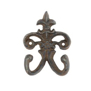 Small Rustic Cast Iron Fleur De Lis Double Wall Hook Key Towel Hanger 3.5 inch