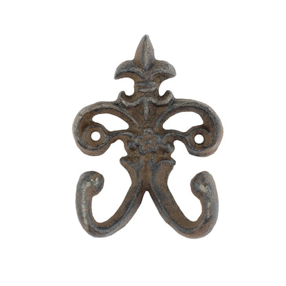 Small Rustic Cast Iron Fleur De Lis Double Wall Hook Key Towel Hanger 3.5 inch