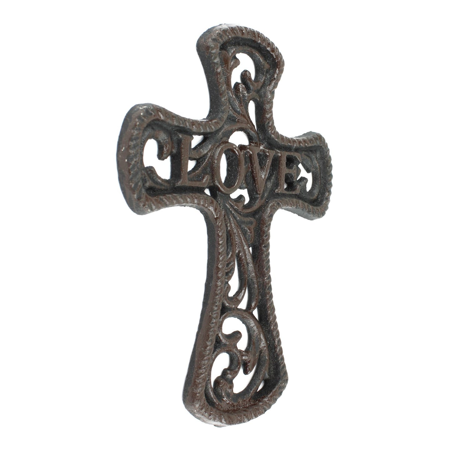Small Cast Iron Floral Love Cross Wall Decor Vines Accent Antique Brown 6 inch