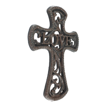 Small Cast Iron Floral Love Cross Wall Decor Vines Accent Antique Brown 6 inch