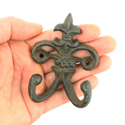 Small Rustic Cast Iron Fleur De Lis Double Wall Hook Key Towel Hanger 3.5 inch