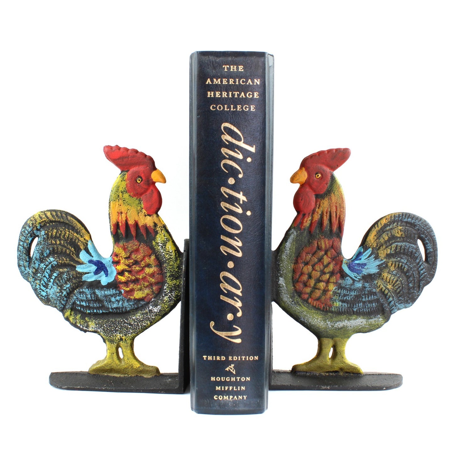 Colorful Hand Painted Cast Iron Rooster Bookends Set Heavy Duty Farm Decor