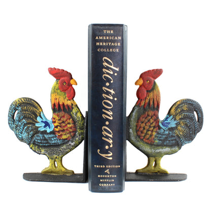 Colorful Hand Painted Cast Iron Rooster Bookends Set Heavy Duty Farm Decor