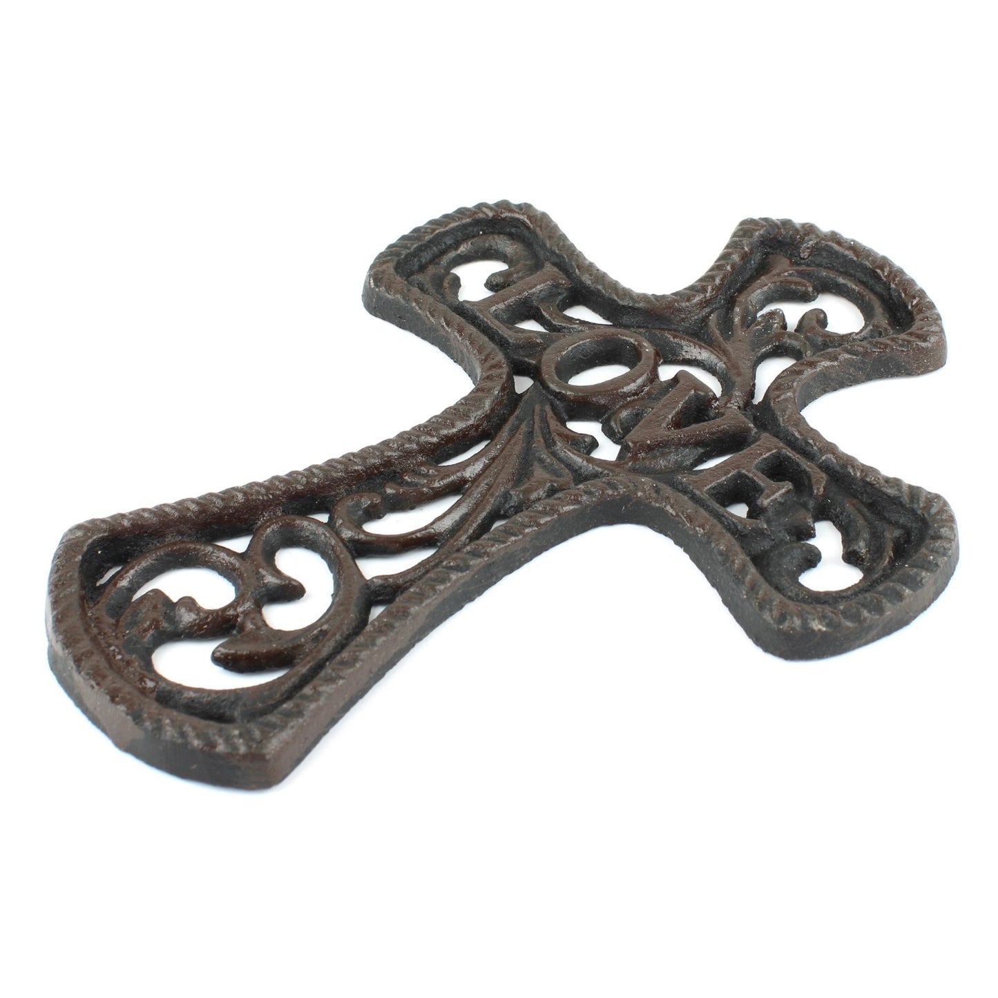 Small Cast Iron Floral Love Cross Wall Decor Vines Accent Antique Brown 6 inch