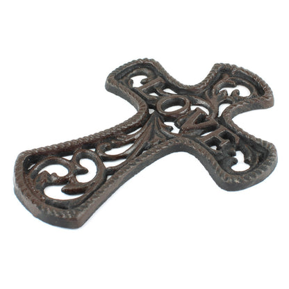 Small Cast Iron Floral Love Cross Wall Decor Vines Accent Antique Brown 6 inch