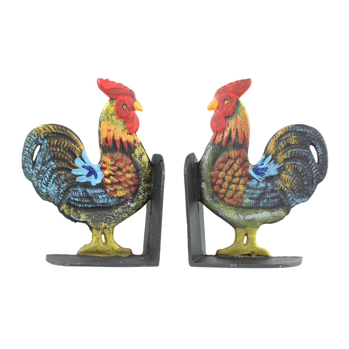 Colorful Hand Painted Cast Iron Rooster Bookends Set Heavy Duty Farm Decor