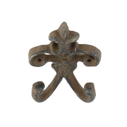 Small Rustic Cast Iron Fleur De Lis Double Wall Hook Key Towel Hanger 3.5 inch