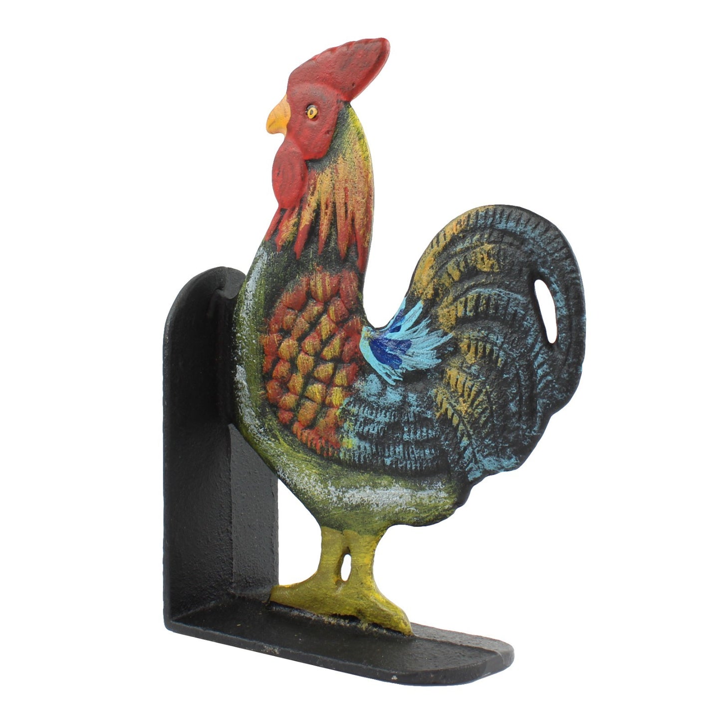 Colorful Hand Painted Cast Iron Rooster Bookends Set Heavy Duty Farm Decor