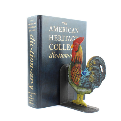 Colorful Hand Painted Cast Iron Rooster Bookends Set Heavy Duty Farm Decor