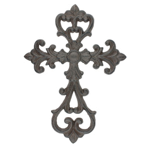 Rustic Cast Iron Fleur De Lis Vines Wall Cross Decor Antique Brown 10.5 inch