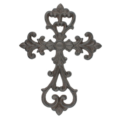 Rustic Cast Iron Fleur De Lis Vines Wall Cross Decor Antique Brown 10.5 inch