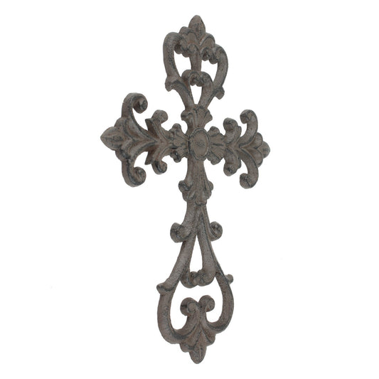 Rustic Cast Iron Fleur De Lis Vines Wall Cross Decor Antique Brown 10.5 inch