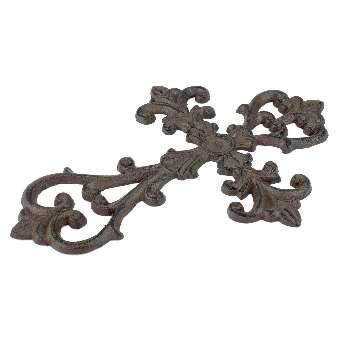 Rustic Cast Iron Fleur De Lis Vines Wall Cross Decor Antique Brown 10.5 inch