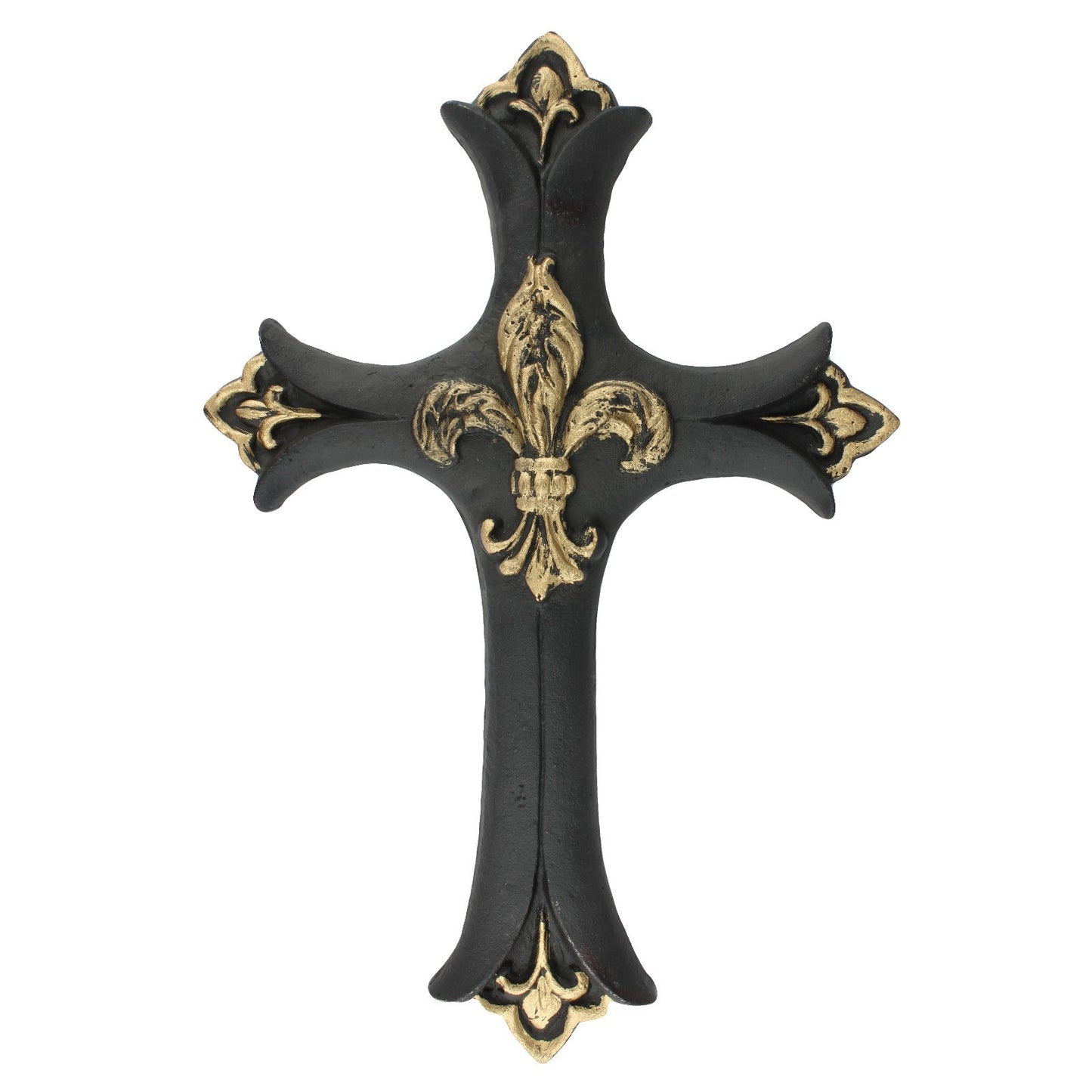 Cast Iron Fleur De Lis Wall Cross Victorian Decor Black & Gold 13.5 inch Tall