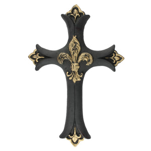 Cast Iron Fleur De Lis Wall Cross Victorian Decor Black & Gold 13.5 inch Tall