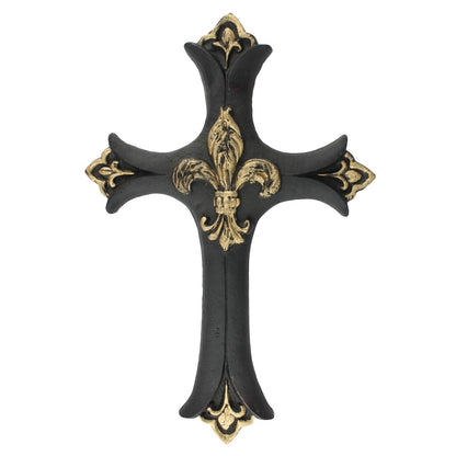 Cast Iron Fleur De Lis Wall Cross Victorian Decor Black & Gold 13.5 inch Tall