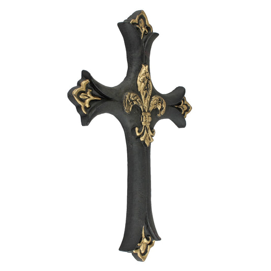 Cast Iron Fleur De Lis Wall Cross Victorian Decor Black & Gold 13.5 inch Tall