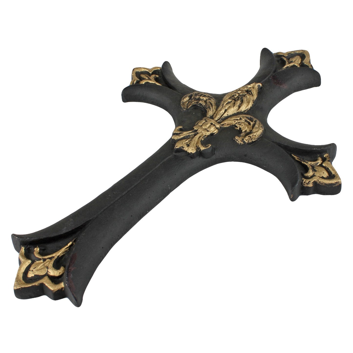 Cast Iron Fleur De Lis Wall Cross Victorian Decor Black & Gold 13.5 inch Tall