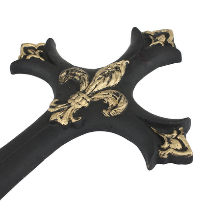 Cast Iron Fleur De Lis Wall Cross Victorian Decor Black & Gold 13.5 inch Tall