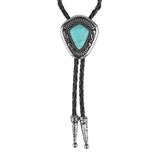 Western Cowboy Turquoise Stone Bolo Tie 40 inch Adjustable Black Leather Cord