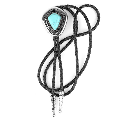 Western Cowboy Turquoise Stone Bolo Tie 40 inch Adjustable Black Leather Cord