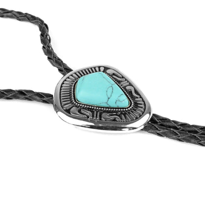 Western Cowboy Turquoise Stone Bolo Tie 40 inch Adjustable Black Leather Cord