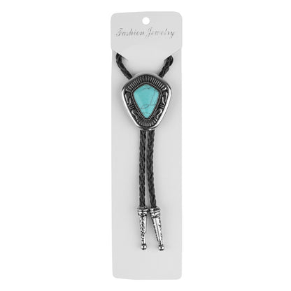 Western Cowboy Turquoise Stone Bolo Tie 40 inch Adjustable Black Leather Cord