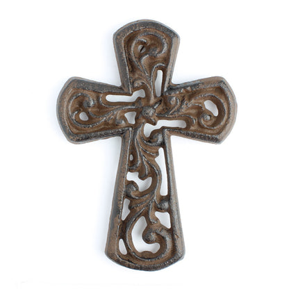 Small Cast Iron Floral Wall Cross Decor Vines Accent Antique Brown 5.5 inch