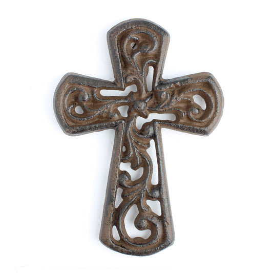 Small Cast Iron Floral Wall Cross Decor Vines Accent Antique Brown 5.5 inch