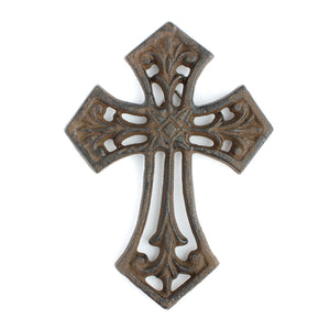 Small Cast Iron Fleur De Lis Wall Cross Decor Rustic Antique Brown 5.5 inch