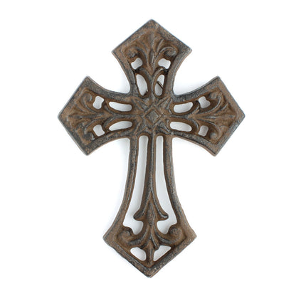 Small Cast Iron Fleur De Lis Wall Cross Decor Rustic Antique Brown 5.5 inch