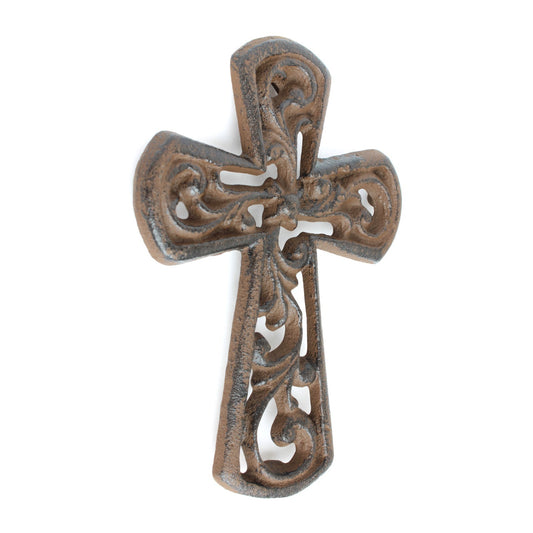 Small Cast Iron Floral Wall Cross Decor Vines Accent Antique Brown 5.5 inch