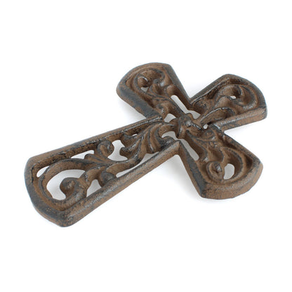 Small Cast Iron Floral Wall Cross Decor Vines Accent Antique Brown 5.5 inch