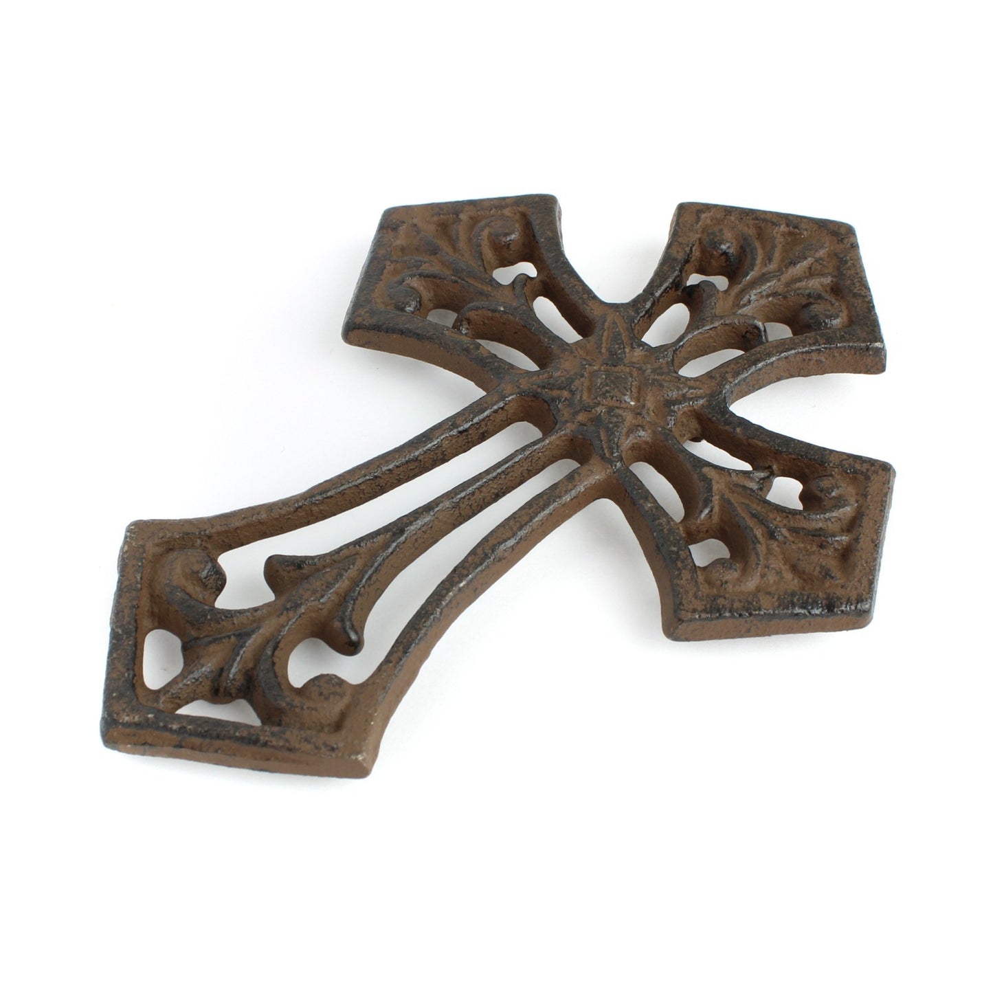 Small Cast Iron Fleur De Lis Wall Cross Decor Rustic Antique Brown 5.5 inch