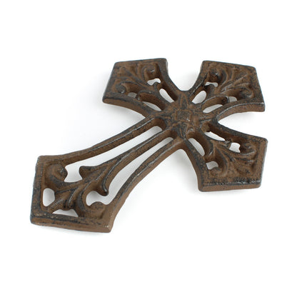 Small Cast Iron Fleur De Lis Wall Cross Decor Rustic Antique Brown 5.5 inch