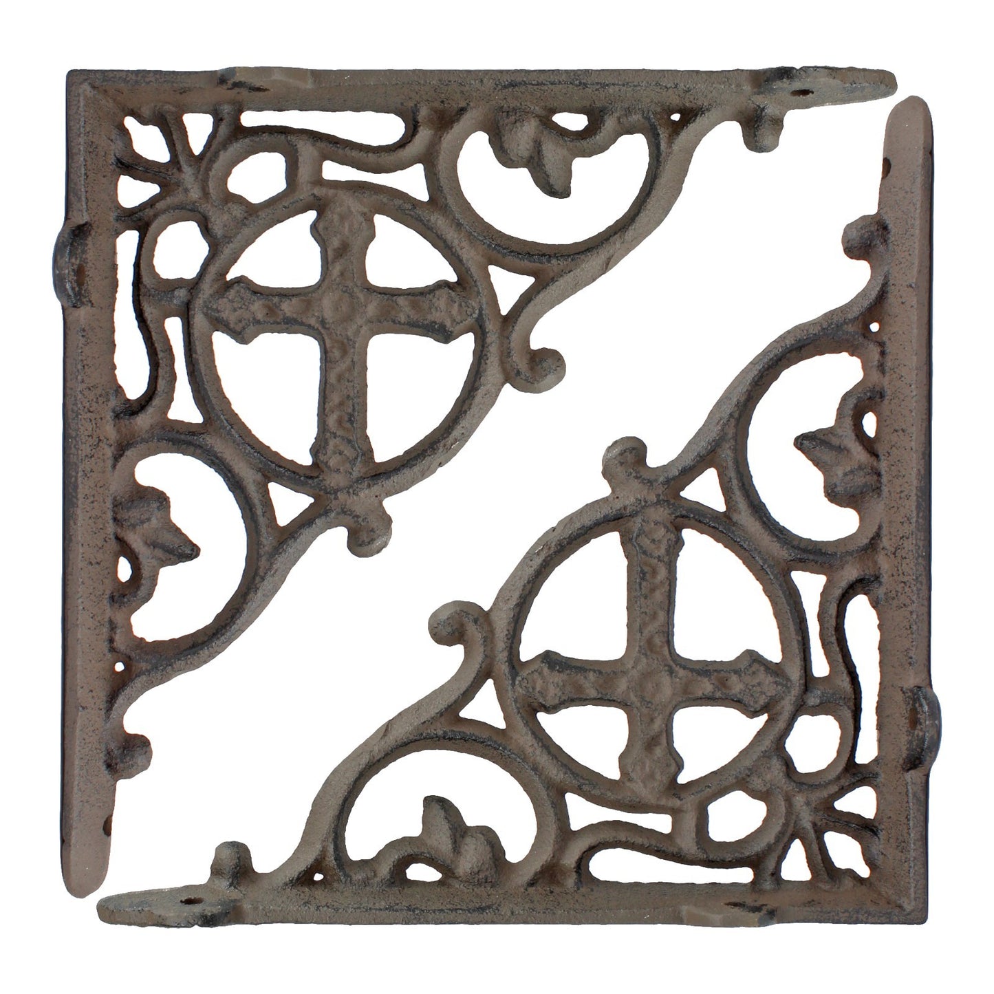 2 Rustic Cast Iron Cross Scrolls Shelf Brackets Antique Style Brace 7 3/8 inch