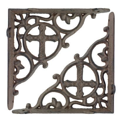 2 Rustic Cast Iron Cross Scrolls Shelf Brackets Antique Style Brace 7 3/8 inch