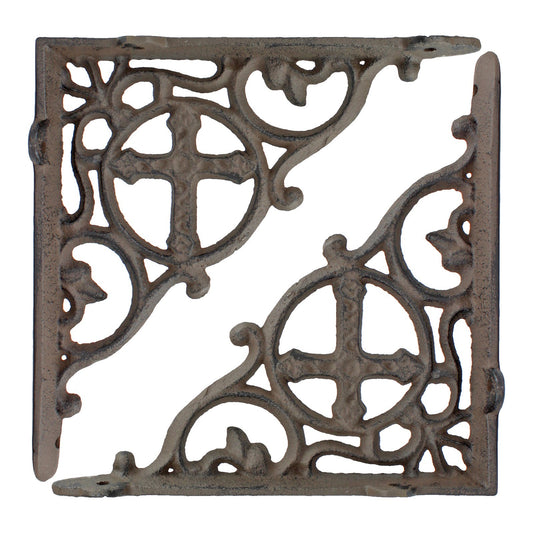 2 Rustic Cast Iron Cross Scrolls Shelf Brackets Antique Style Brace 7 3/8 inch