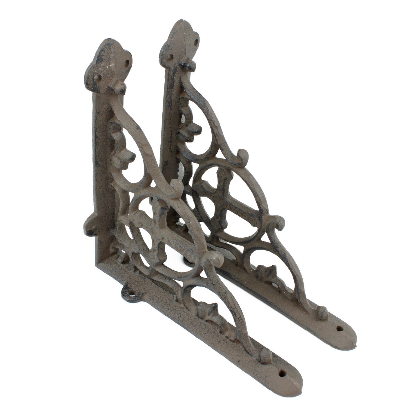2 Rustic Cast Iron Cross Scrolls Shelf Brackets Antique Style Brace 7 3/8 inch
