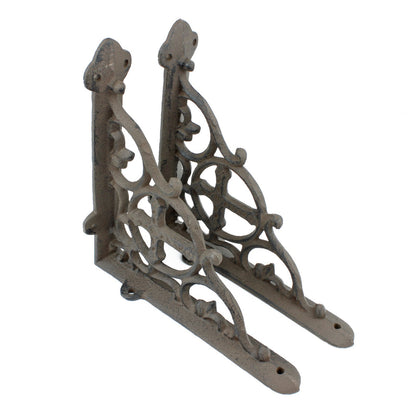 2 Rustic Cast Iron Cross Scrolls Shelf Brackets Antique Style Brace 7 3/8 inch